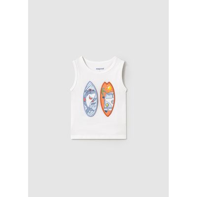 WHITE TANK TOP SURF BOARD APPLIQUE SHARK / 1069-068