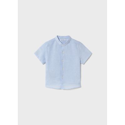 BLUE MAO COLLAR SHIRT SHORT SLEEVE LINEN / 1110-072