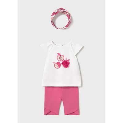 WHITE & PINK 3PC LEGGING SET & HEADBAND APPLE PRINT / 1763-088