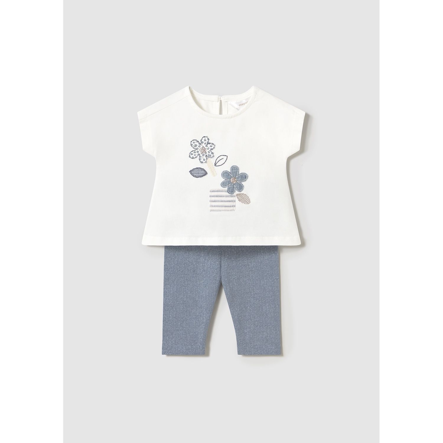 2PC CREAM & GREY BLUE LEGGING SET FLOWER APPLIQUE /  1762-083