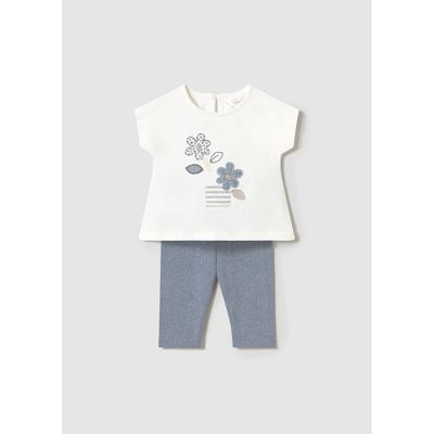 2PC CREAM & GREY BLUE LEGGING SET FLOWER APPLIQUE /  1762-083