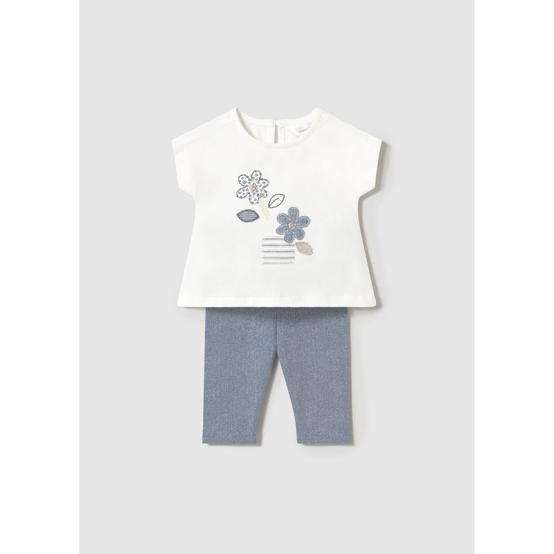 2PC CREAM & GREY BLUE LEGGING SET FLOWER APPLIQUE /  1762-083