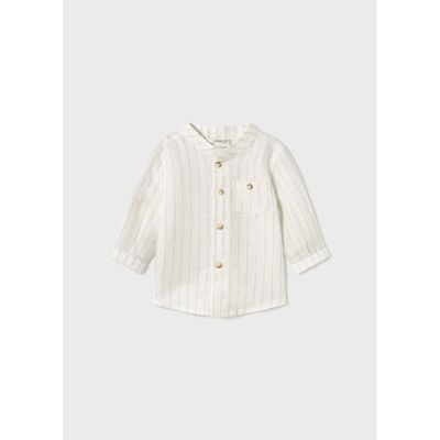 CREAM & BIEGE STRIPED SHIRT MAO COLLAR PULLUP SLEEVE / 1103-032