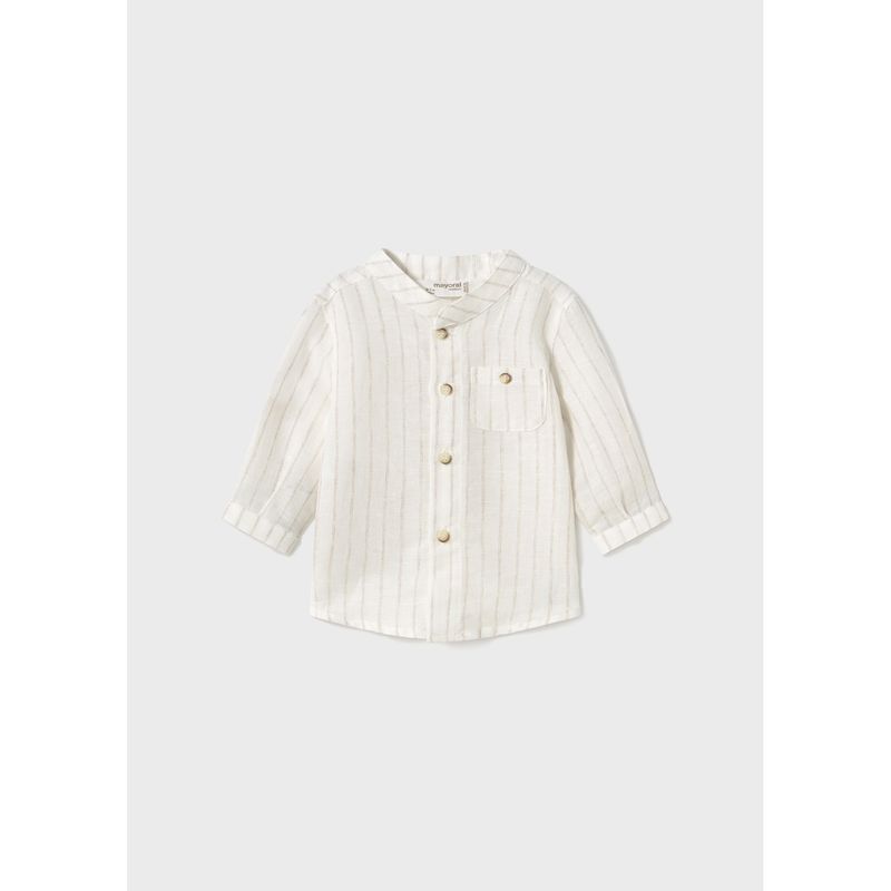 CREAM & BIEGE STRIPED SHIRT MAO COLLAR PULLUP SLEEVE / 1103-032