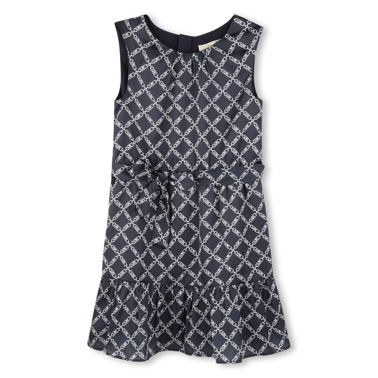 NAVY & WHITE DRESS & BELT MK PRINT SLEEVELESS SATIN / R30345-V42