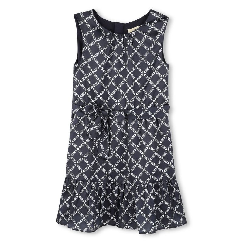 NAVY & WHITE DRESS & BELT MK PRINT SLEEVELESS SATIN / R30345-V42