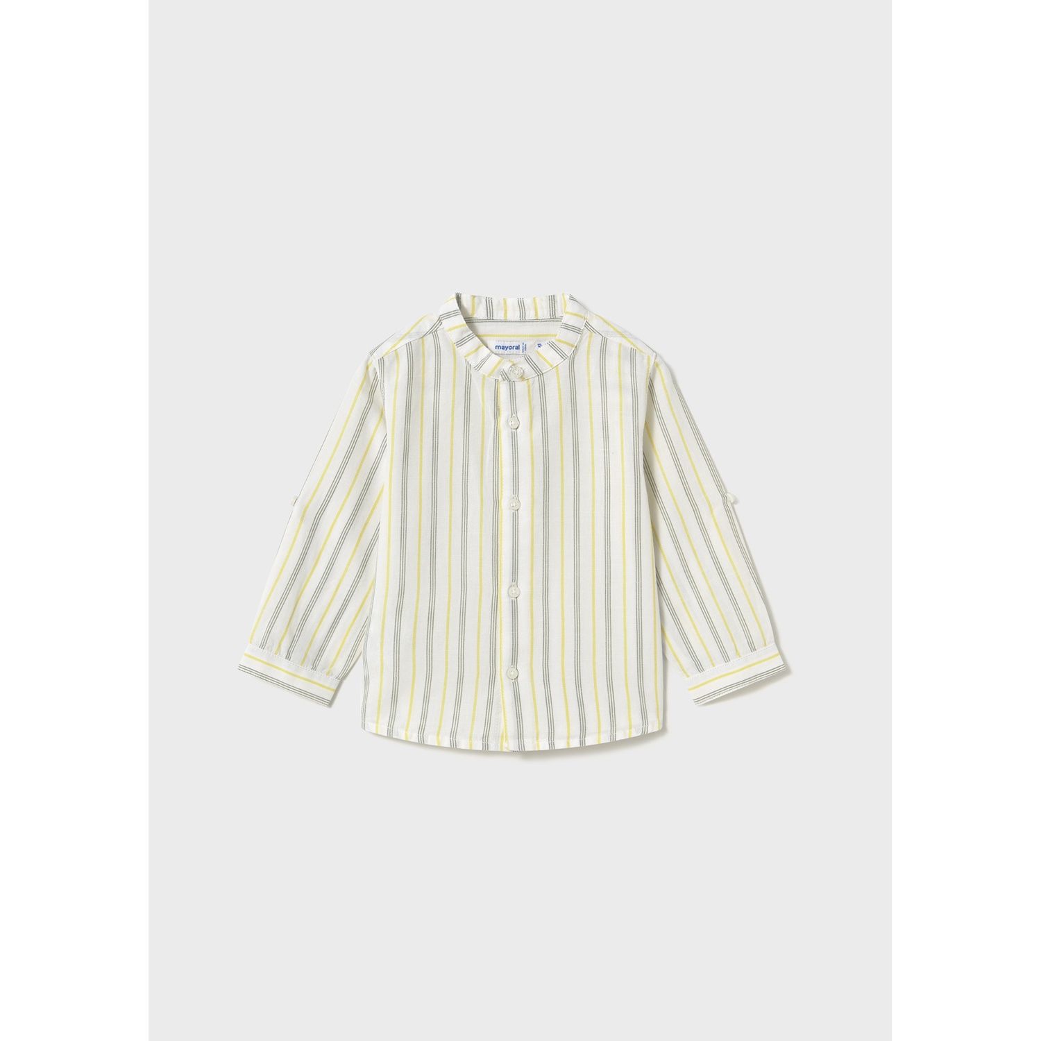 CREAM GOLD GREEN LINEN SHIRT MAO COLLAR PULL UP SLEEVE / 1115-081