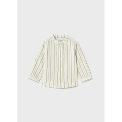 CREAM GOLD GREEN LINEN SHIRT MAO COLLAR PULL UP SLEEVE / 1115-081 CREAM GOLD GREEN LINEN SHIRT MAO COLLAR PULL UP SLEEVE / 1115-081