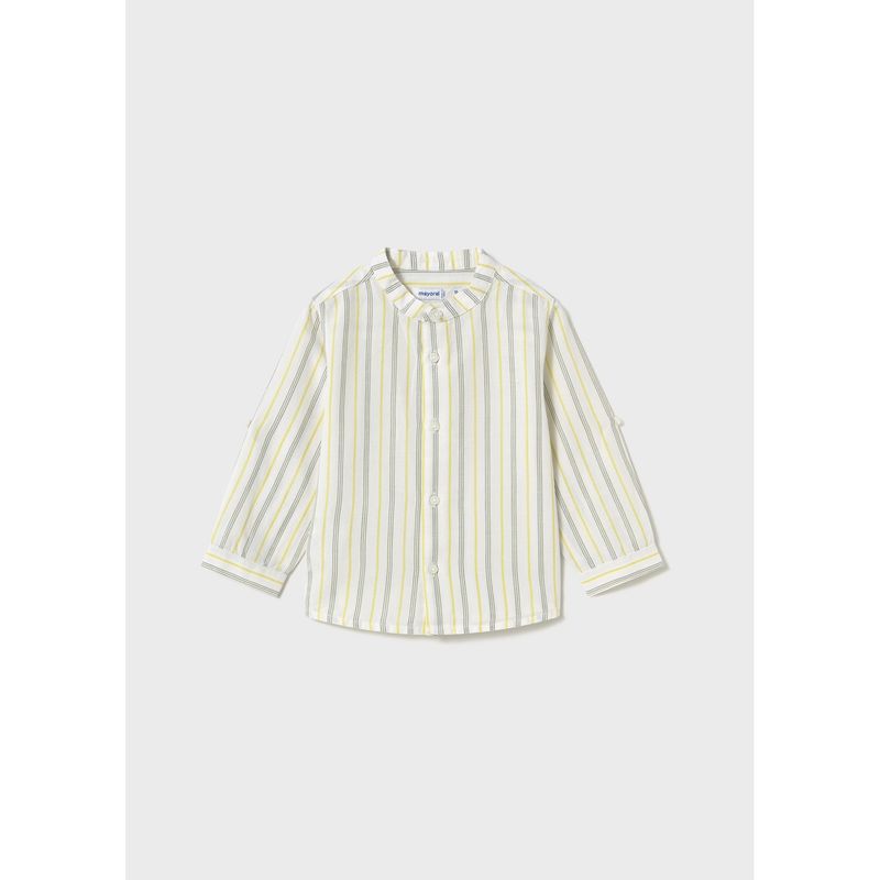 CREAM GOLD GREEN LINEN SHIRT MAO COLLAR PULL UP SLEEVE / 1115-081