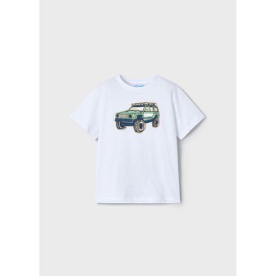 WHITE TSHIRT GREEN CAR PRINT SHORT SLEEVE / 3031-026