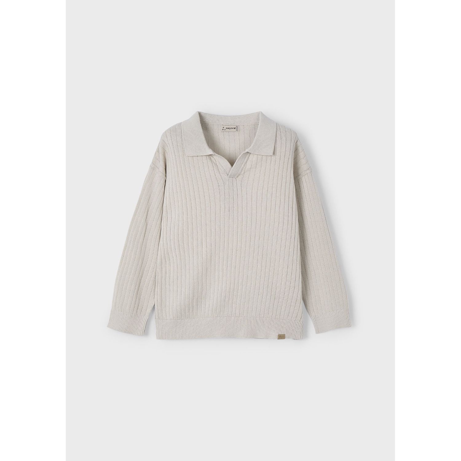 BEIGE POLO KNIT SWEATER V NECK LONG SLEEVE OPEN WORK PATTERN / 3367-011