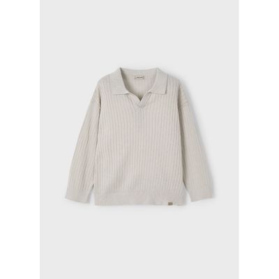 BEIGE POLO KNIT SWEATER V NECK LONG SLEEVE OPEN WORK PATTERN / 3367-011