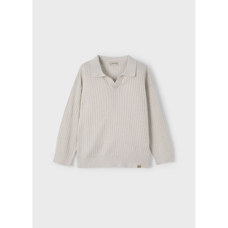BEIGE POLO KNIT SWEATER V NECK LONG SLEEVE OPEN WORK PATTERN / 3367-011