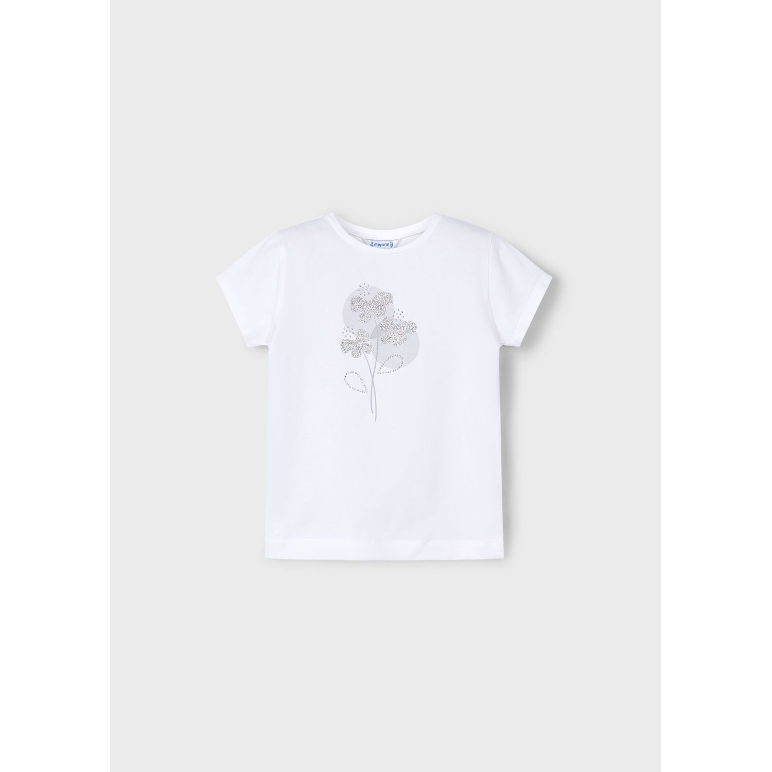 WHITE TSHIRT SILVER FLOWER APPLIQUE SHORT SLEEVE / 174-075