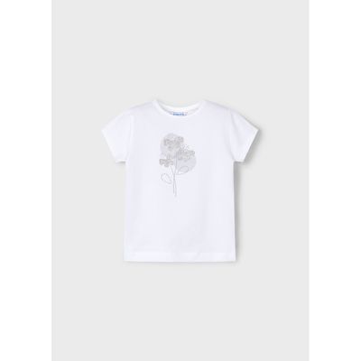 WHITE TSHIRT SILVER FLOWER APPLIQUE SHORT SLEEVE / 174-075