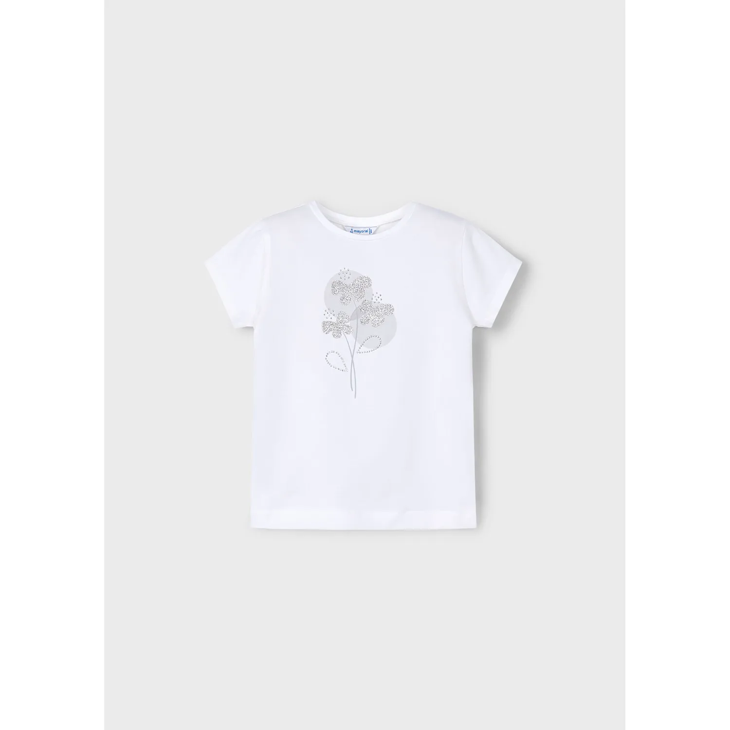 WHITE TSHIRT SILVER FLOWER APPLIQUE SHORT SLEEVE / 174-075