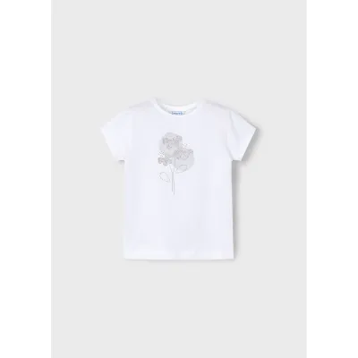 WHITE TSHIRT SILVER FLOWER APPLIQUE SHORT SLEEVE / 174-075
