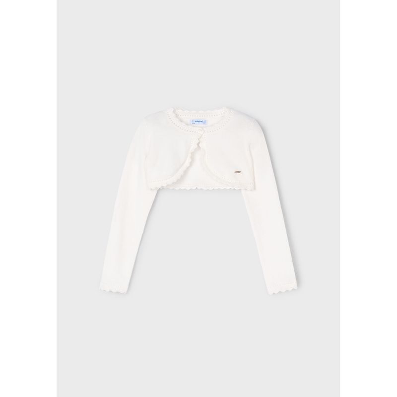 OFF WHITE KNIT BOLERO CARDIGAN SCALLOPED EDGE TRIM / 320-093