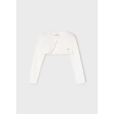 OFF WHITE KNIT BOLERO CARDIGAN SCALLOPED EDGE TRIM / 320-093