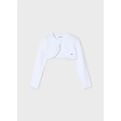 WHITE KNIT BOLERO CARDIGAN SCALLOPED TRIM / 320-089
