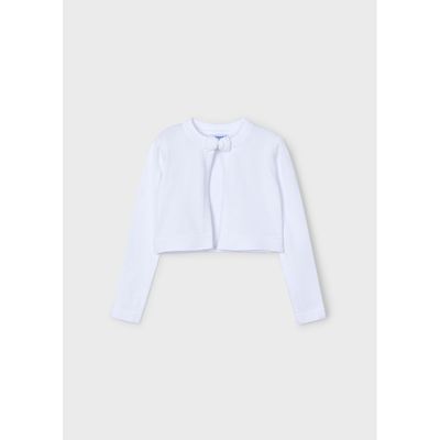 WHITE KNIT CARDIGAN 1 BUTTON CLOSURE BOW TRIM / 321-085