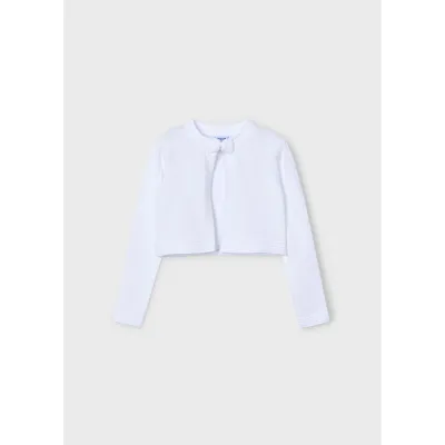 WHITE KNIT CARDIGAN 1 BUTTON CLOSURE BOW TRIM / 321-085