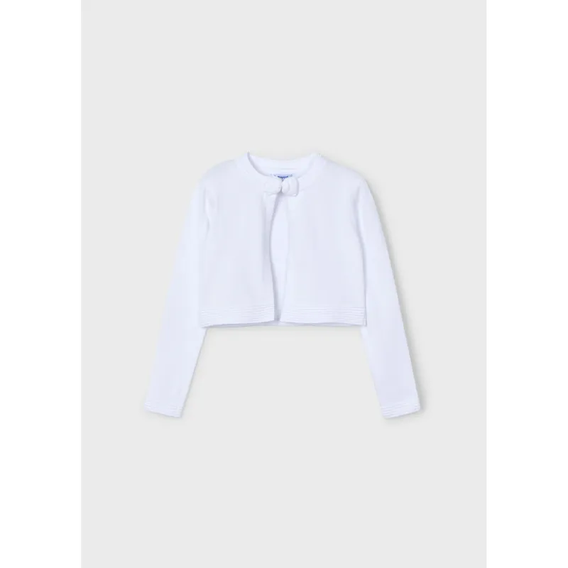 WHITE KNIT CARDIGAN 1 BUTTON CLOSURE BOW TRIM / 321-085