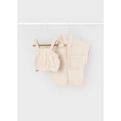BEIGE & CREAM STRIPED 2PC BLOUSE SET / 3185-32