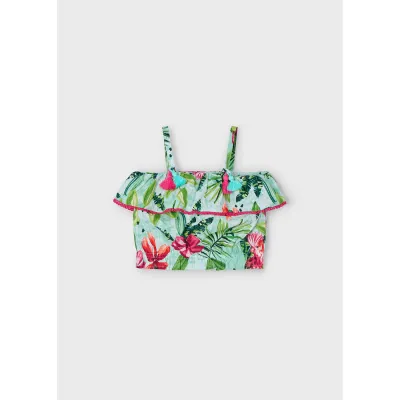 AQUA GREEN PRINTED TOP SPAGHETTI STRAPS RED TRIM / 3186-066