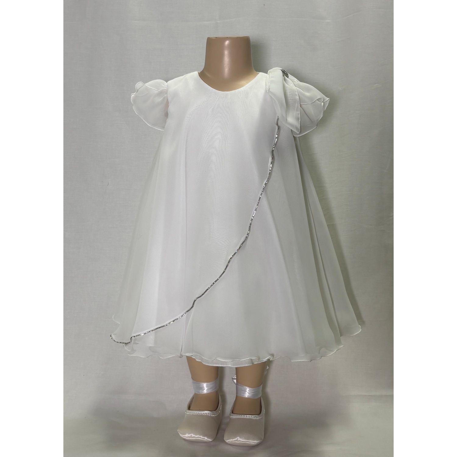 WHITE CHIFFON DRESS RHINESTONE & BOW TRIM / L3243-90