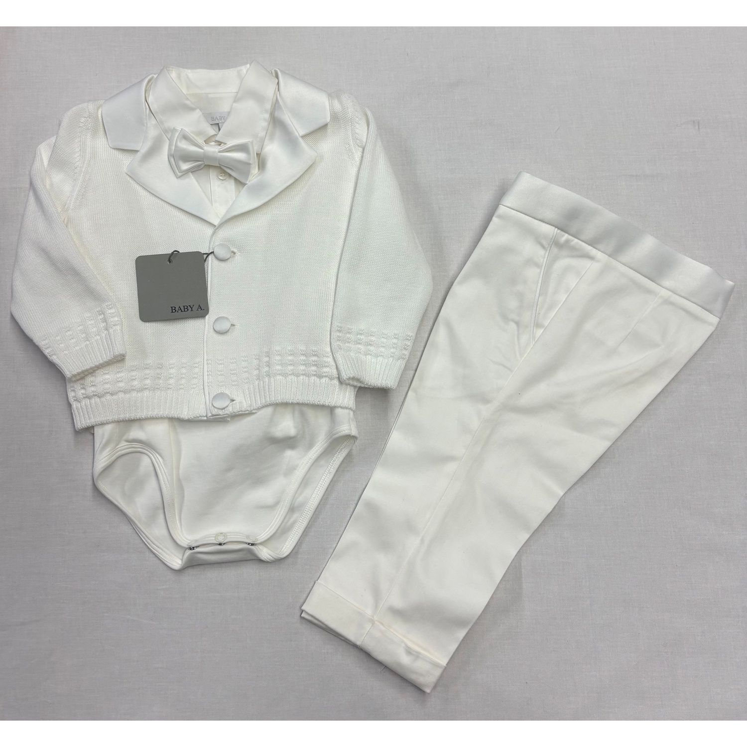 OFF WHITE 4PC KNIT SWEATER SATIN COLLAR SHIRT ONZIE & PANT & BOWTIE / A3204/BY-90ZV