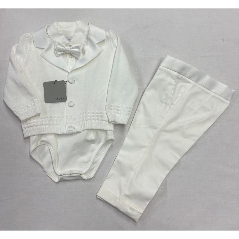 OFF WHITE 4PC KNIT SWEATER SATIN COLLAR SHIRT ONZIE & PANT & BOWTIE / A3204/BY-90ZV