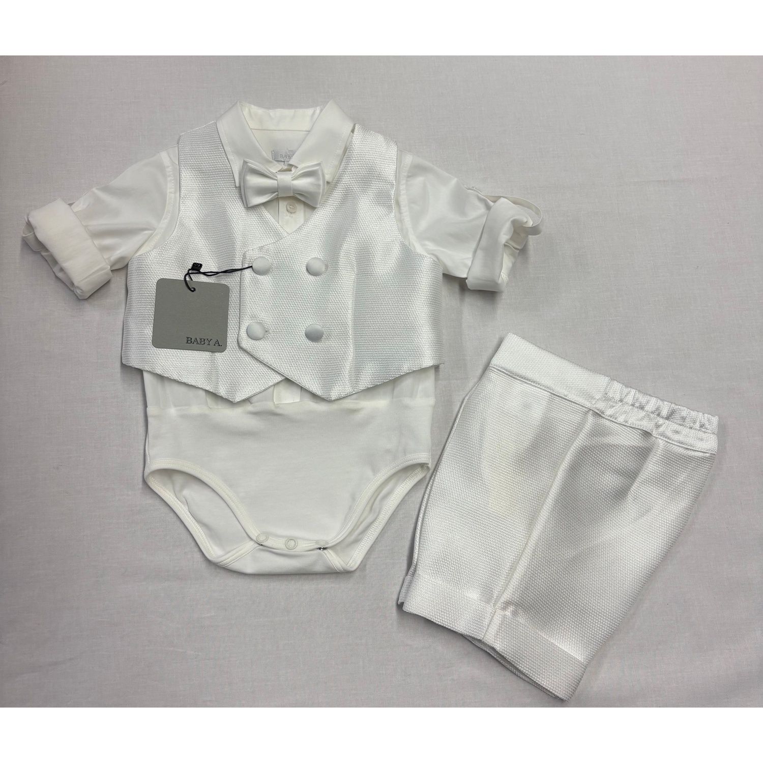 OFF WHITE 4PC VEST SHORT SET ONZIE SHIRT& BOWTIE WAFFLE PRINT / B3207/BR/BY-419