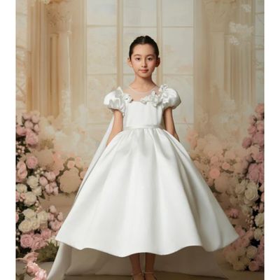 OFF WHITE DRESS TAFFETA SHORT SLEEVE FLOWER APPLIQUE / D24467-1