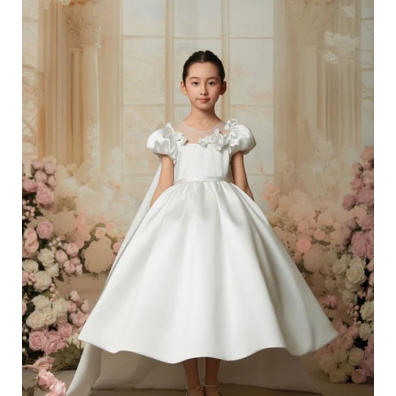 OFF WHITE DRESS TAFFETA SHORT SLEEVE FLOWER APPLIQUE / D24467-1 OFF WHITE DRESS TAFFETA SHORT SLEEVE FLOWER APPLIQUE / D24467-1