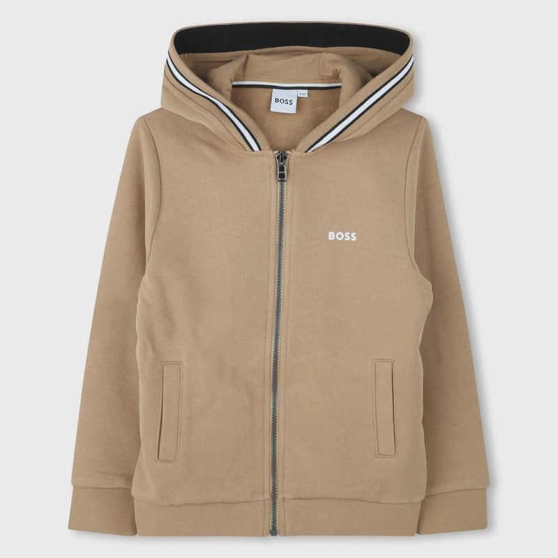 BROWN HOODIE ZIP UP CARDIGAN STRIPED TRIM / J51120-269-0