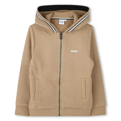BROWN HOODIE ZIP UP CARDIGAN STRIPED TRIM / J51120-269-0