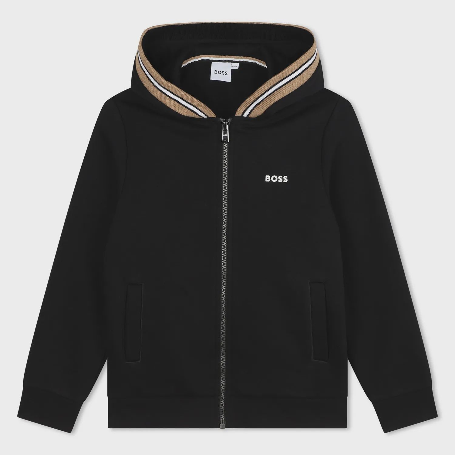 BLACK HOODIE SWEAT TOP ZIP CLOSURE STRIPED HOOD TRIM / J51120-09B-0