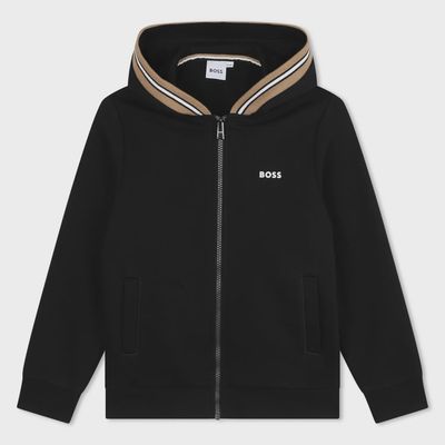 BLACK HOODIE SWEAT TOP ZIP CLOSURE STRIPED HOOD TRIM / J51120-09B-0