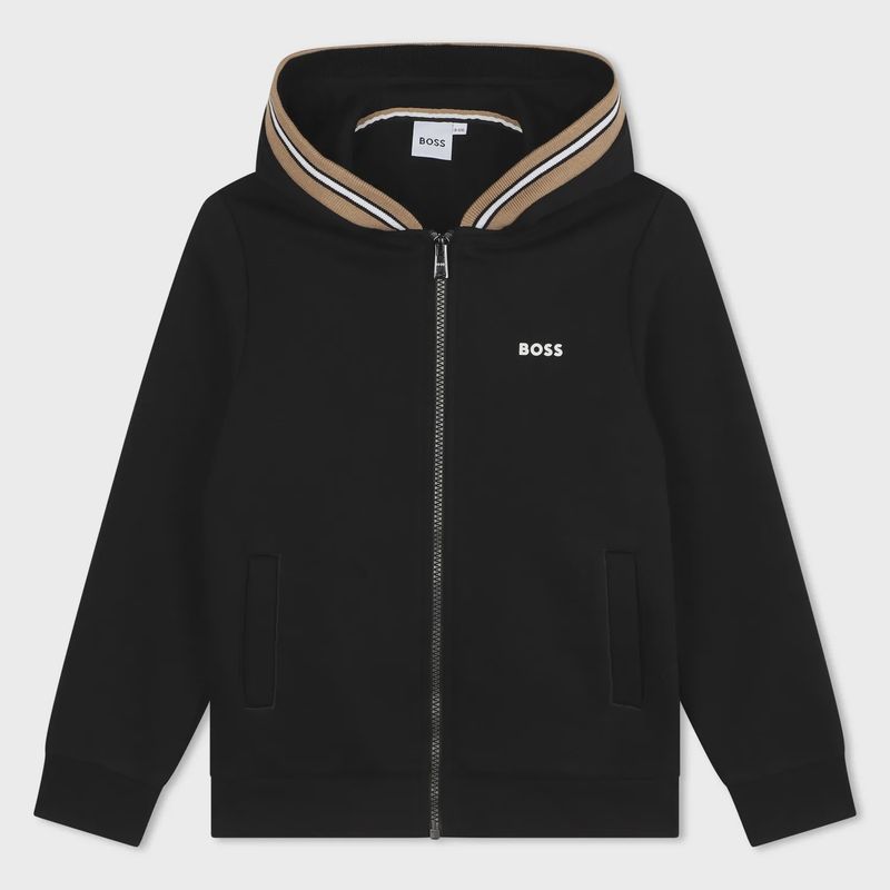 BLACK HOODIE SWEAT TOP ZIP CLOSURE STRIPED HOOD TRIM / J51120-09B-0