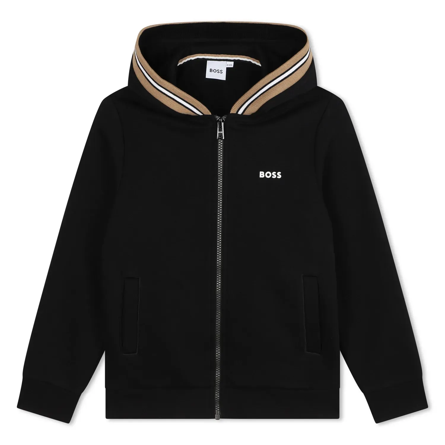 BLACK HOODIE SWEAT TOP ZIP CLOSURE STRIPED HOOD TRIM / J51120-09B-0