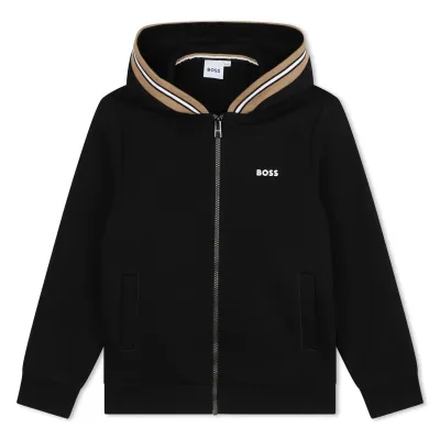 BLACK HOODIE SWEAT TOP ZIP CLOSURE STRIPED HOOD TRIM / J51120-09B-0