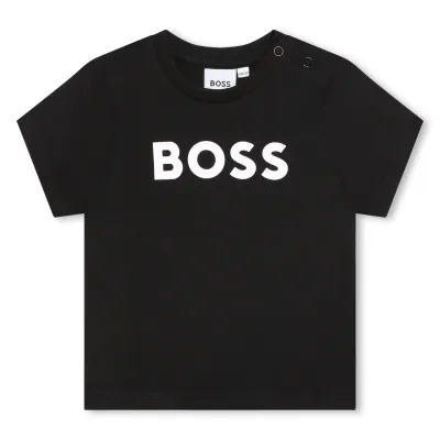 BLACK TSHIRT SHORT SLEEVE WHITE BOSS LOGO / J05P12-09B-0