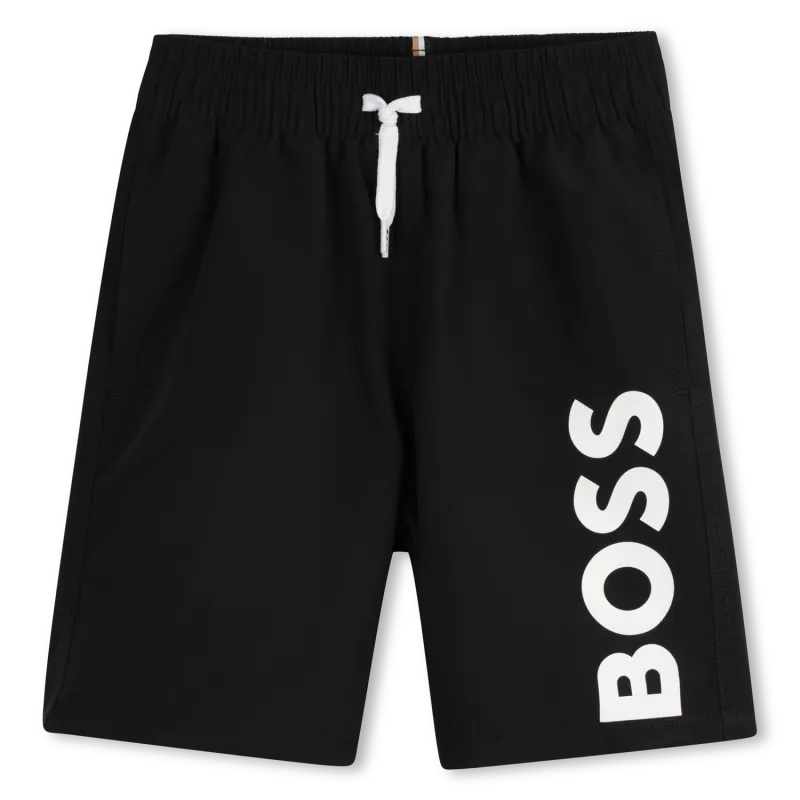 BLACK SWIM SHORTS WHITE BOSS LOGO / J51973-09B-0