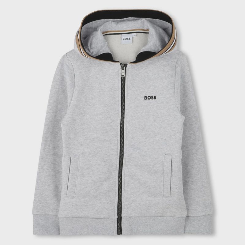 GREY HOODIE ZIP SWEATTOP STRIPED BROWN TRIM / J51120-A32-0