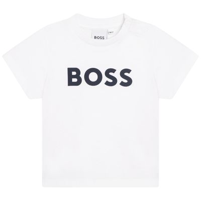 WHITE TSHIRT SHORT SLEEVE NAVY BOSS LOGO / J05P12-10P-0