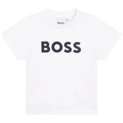 WHITE TSHIRT SHORT SLEEVE NAVY BOSS LOGO / J05P12-10P-0