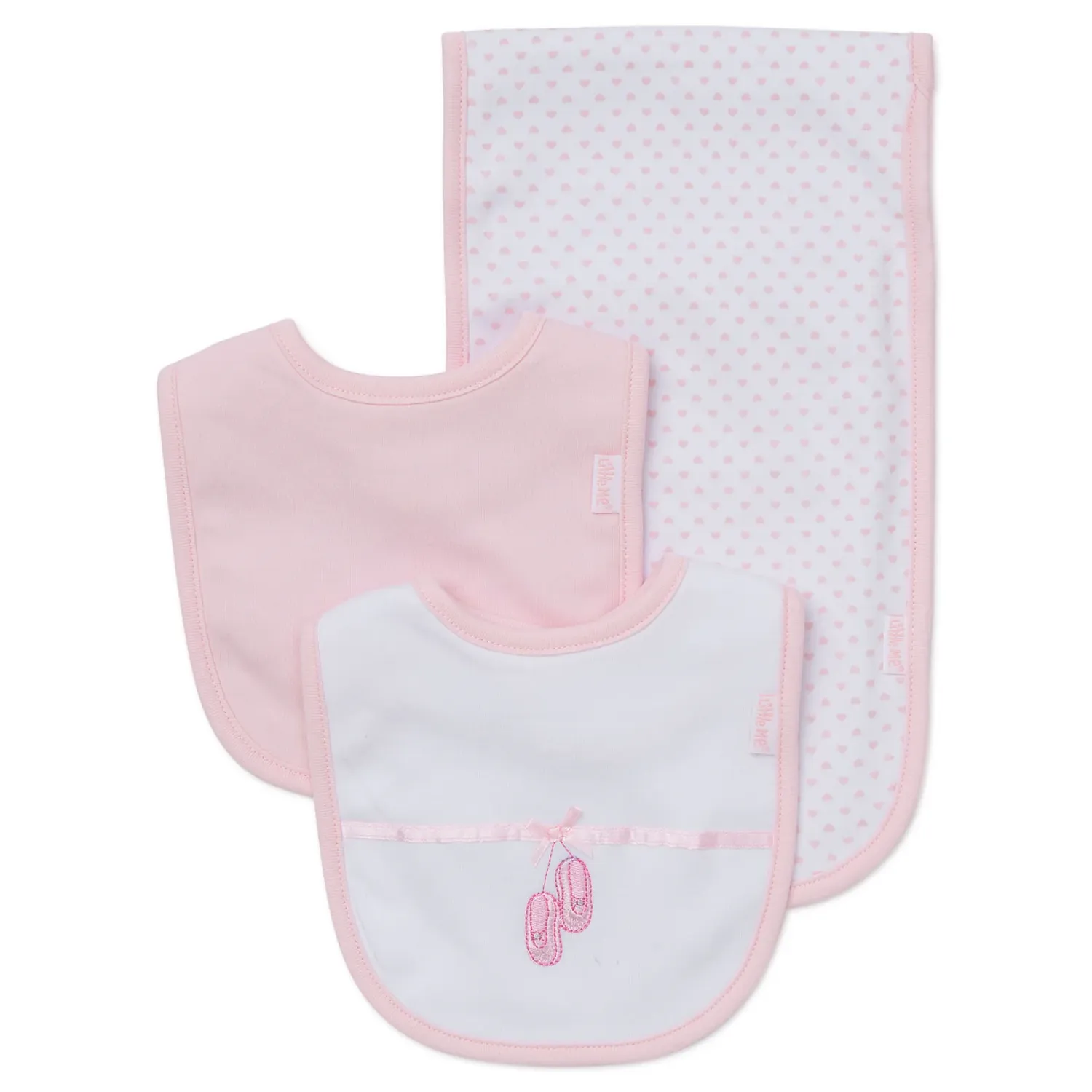 3PC PINK & WHITE BIB & BURPER SET BALLERINA SLIPPERS & HEARTS / LB404000N-L699