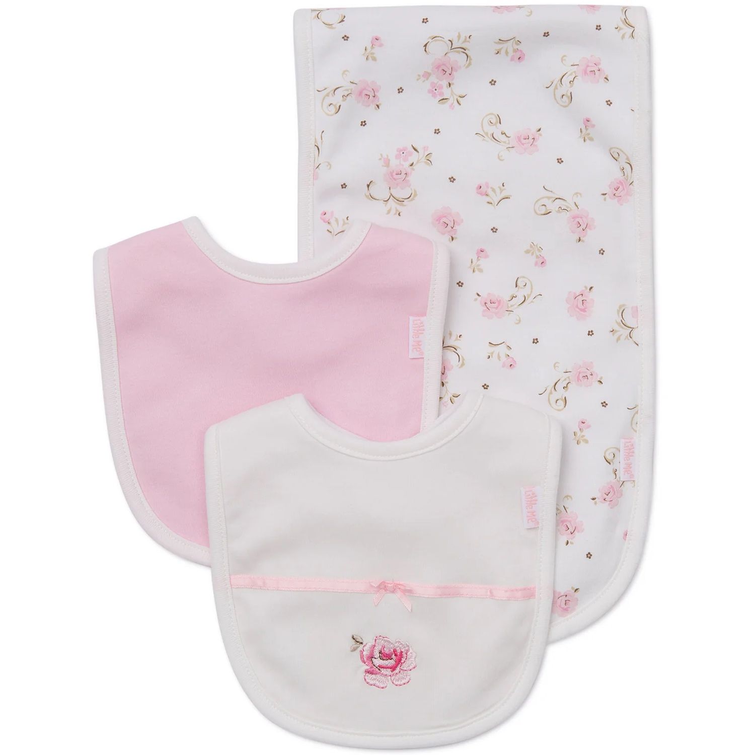 3PC WHITE & PINK BIB & BURPER SET ROSES PRINT / LB404001N-L125