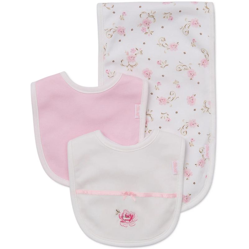 3PC WHITE & PINK BIB & BURPER SET ROSES PRINT / LB404001N-L125